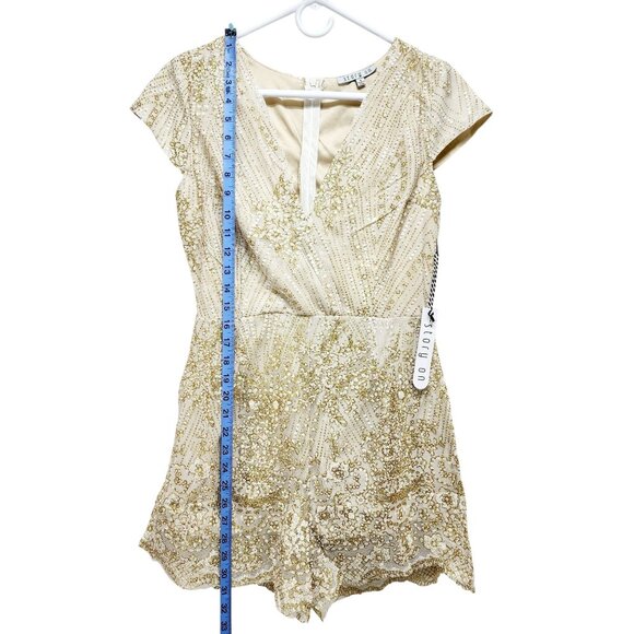 Sequin Womens Embellished Cream & Gold Short Sleeve Romper By Story On - Size S - Picture 8 of 11